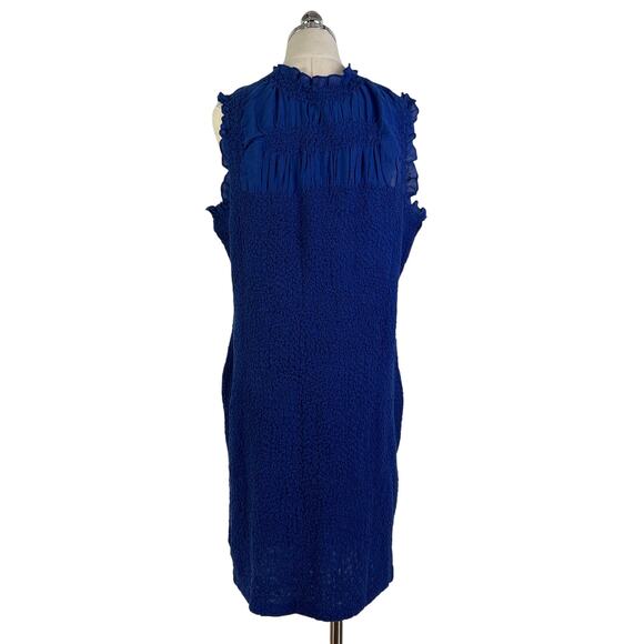 By Anthropologie Mock-Neck Textured Smocked Stretch Dress Blue Mini - Picture 9 of 10